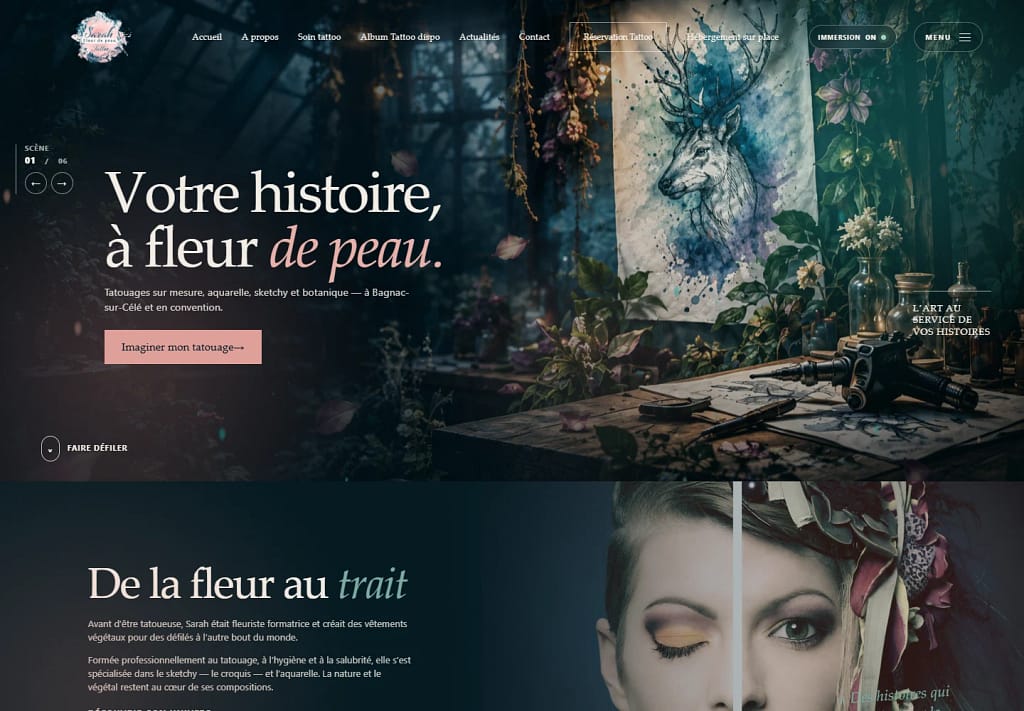 Fleur de peau Tattoo — Site immersif et logiciel métier sur mesure